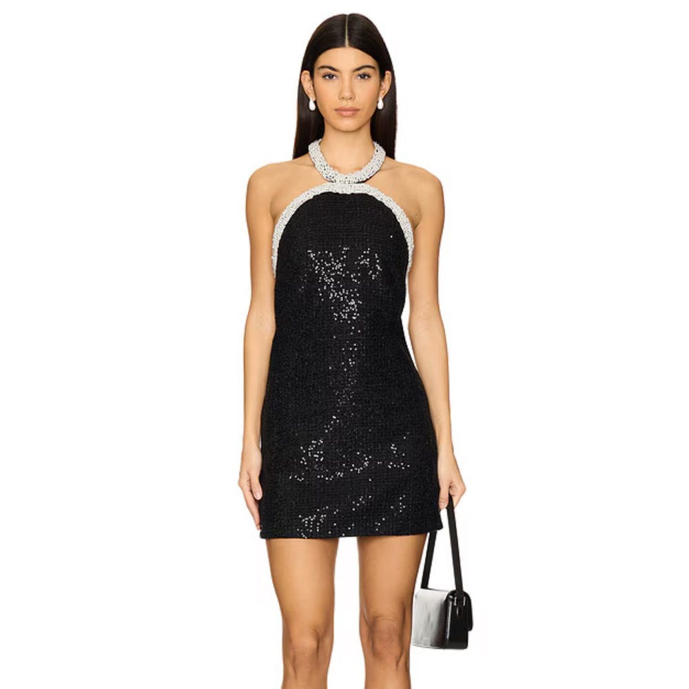 Self Portrait Black Boucle Pearl Trim Sequin Dress NWT